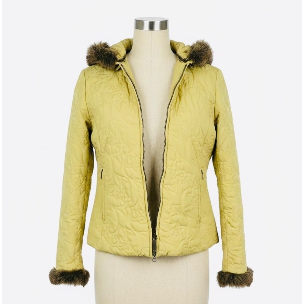 Cabi Quilted Puffer Jacket Faux Fur Trim Hooded Yellow Small 362